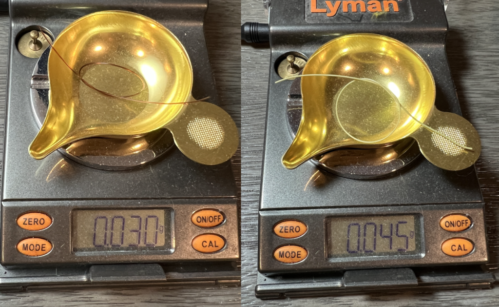 A piece of 20 pound Maxima and a piece of euro line on a scale